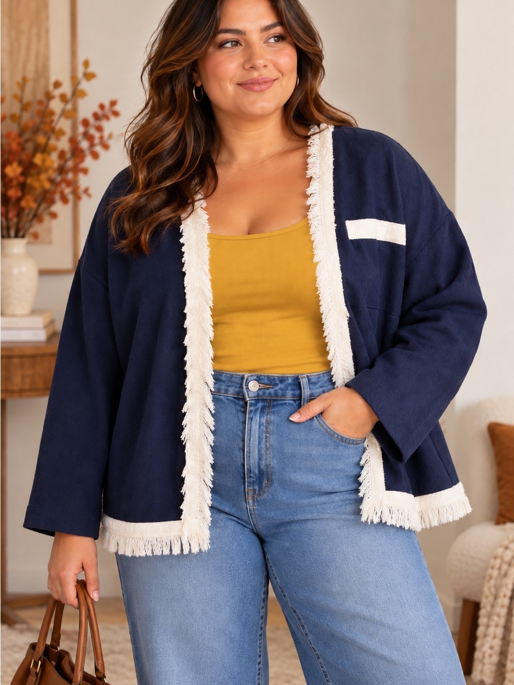 Plus size INCERUN Navy Open-Front Fringe Trim Blazer